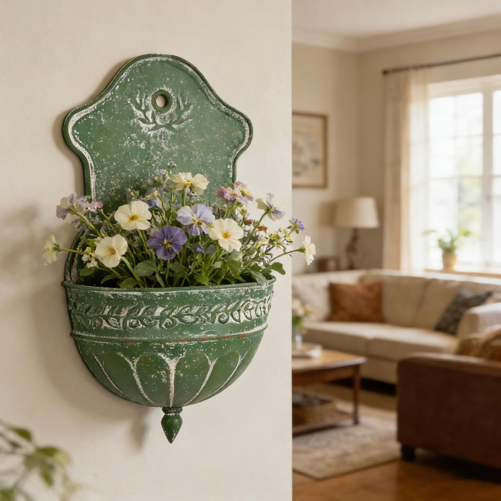 Vintage Distressed Green Metal Wall Planter, Rustic Hanging Pocket Planter with Scrollwork & Scalloped Design