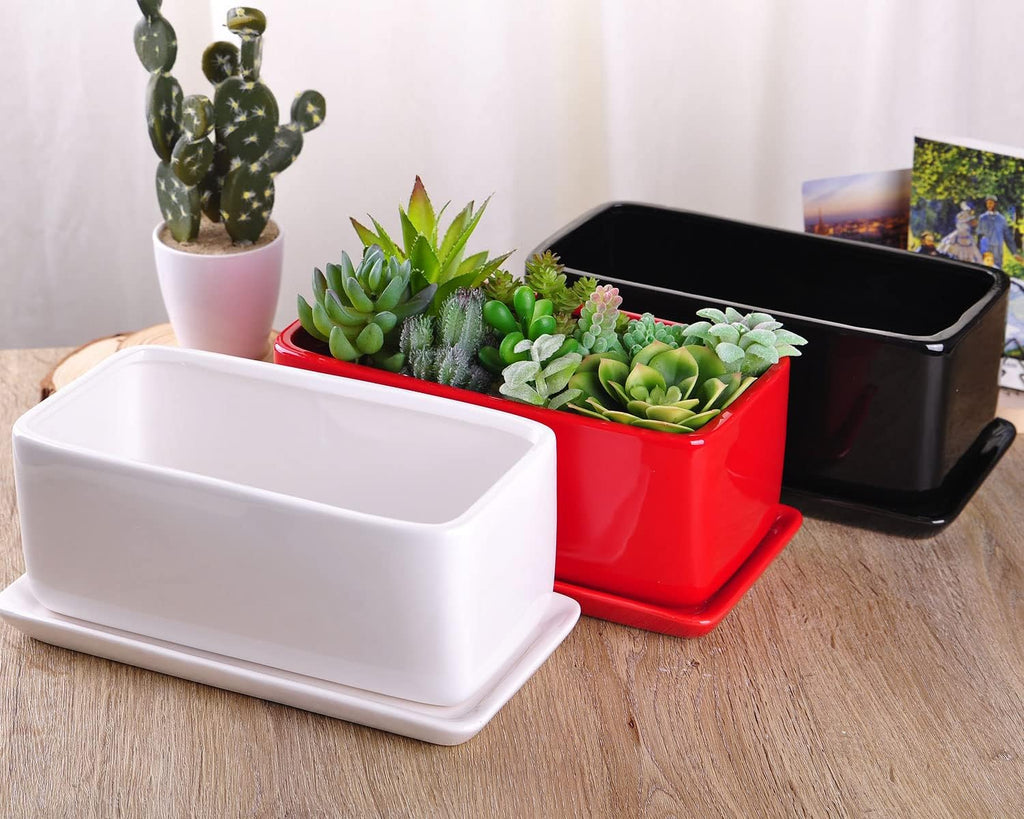 VanEnjoy 10 Inch White Rectangle Ceramic Succulent Planter Pot Decorative Cactus Plant Pot Flower Container with