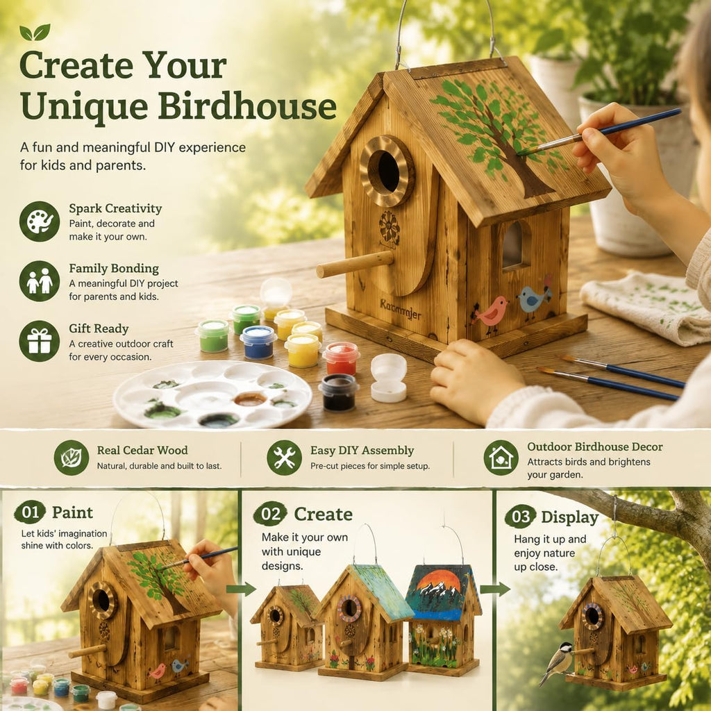 Bird House Kit for Kids & Adults, DIY Cedar Birdhouse with Paint | Mortise & Tenon, Carbonized Cedar, 3 Entrance Sizes