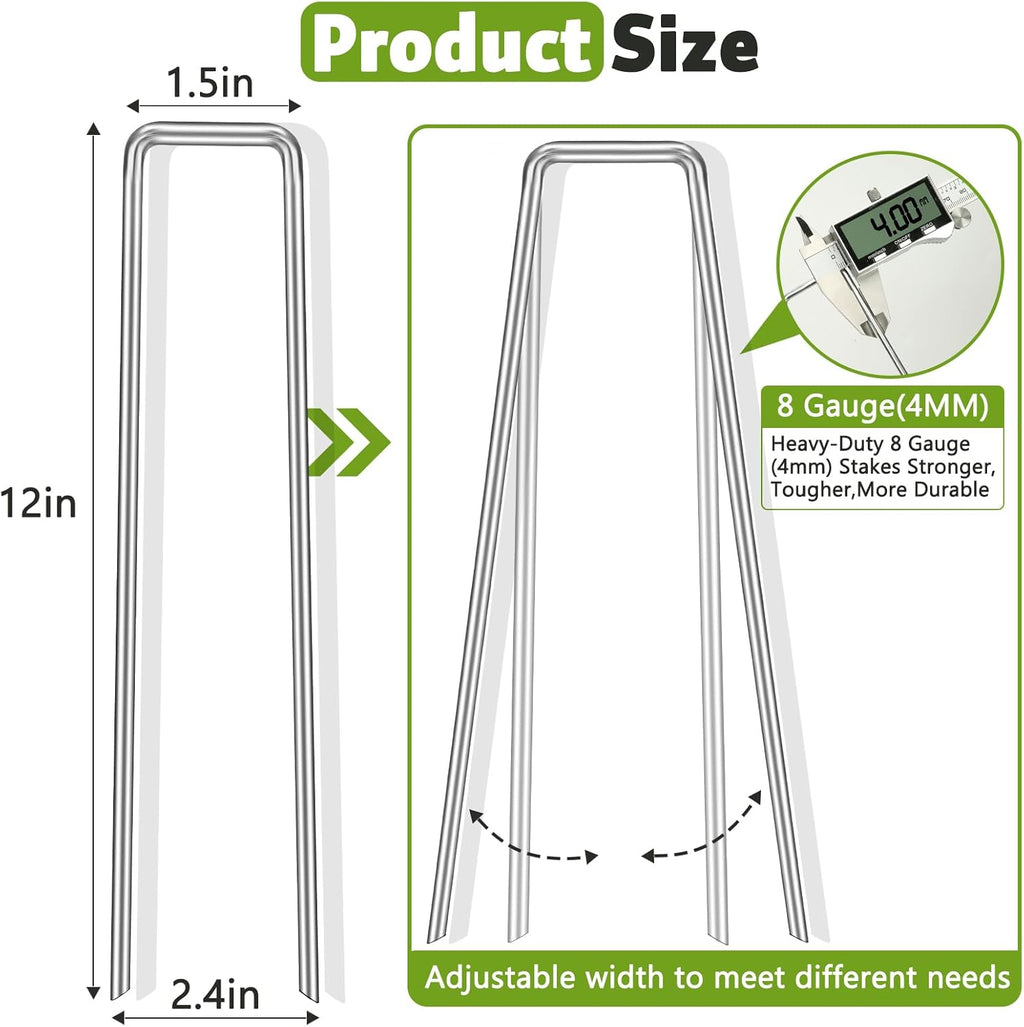 Heavy Duty 12 Inch Galvanized Landscape Staples Stakes, DUNPUTE 100 Pack 8 Gauge Garden Metal Stakes, Ideal for Weed