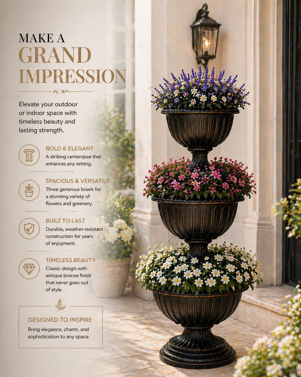Outdoor Garden Triple Stacked Flower Bowl Urn Tier Planter Decoration, Bronze