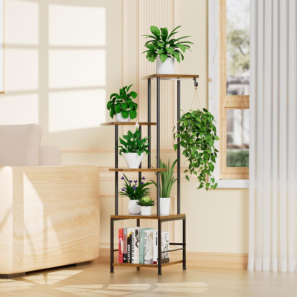 Plant Stand Indoor with Grow Light - 5-Tier Metal Plant Shelf with Hanging Basket Hook, Corner Tall Flower Holder for