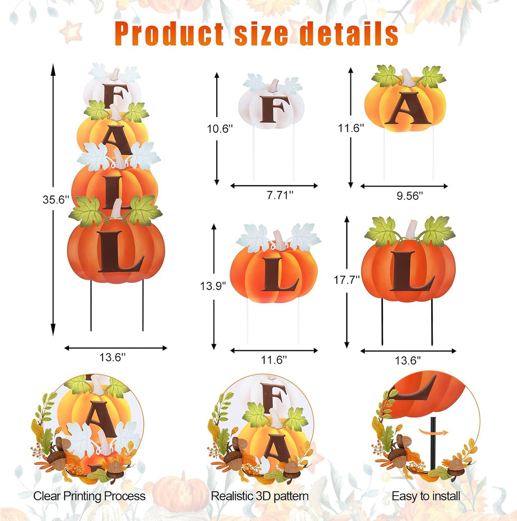 Fall Outdoor Pumpkin Stake Set of 4, Thanksgiving Garden Decor | 35.6'' Metal Garden Stakes, Autumn Harvest Pumpkin