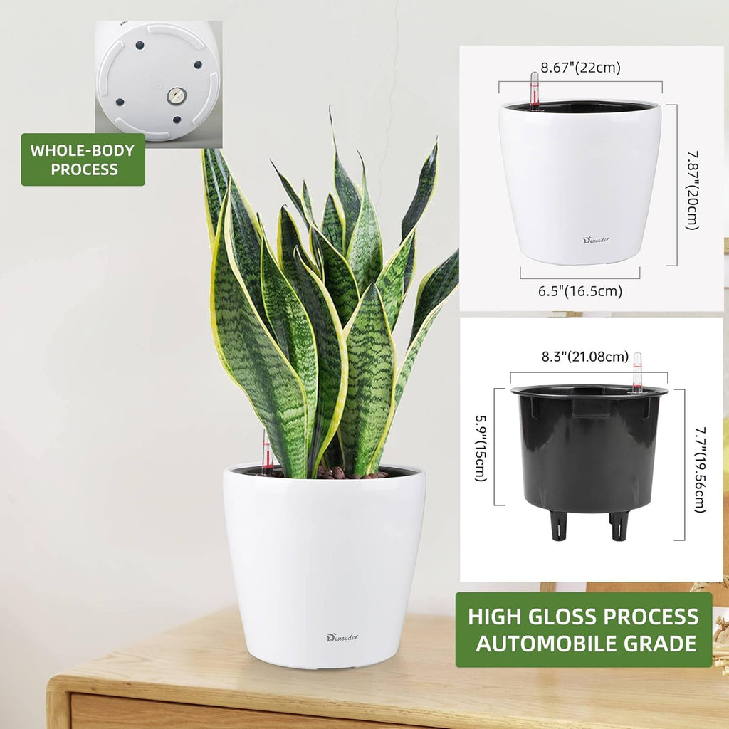 Dexceder 9x8 Self Watering Planter (White High Gloss) | Inner Pot Design, Thickened Table Flower Plant Pot with Water