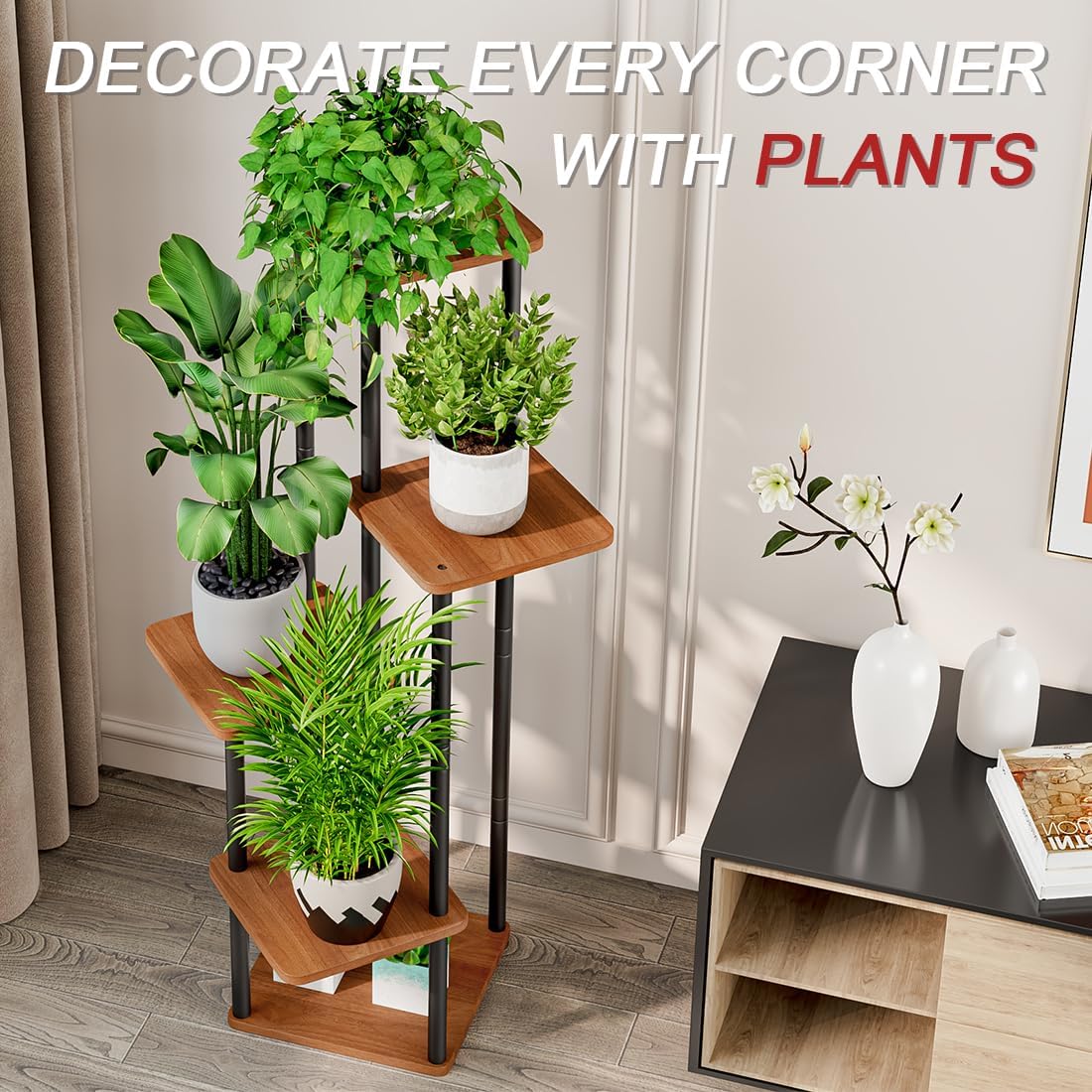 5 Tier Tall Plant Stand Indoor Corner Tiered Shelf Metal MDF Board | Sturdy Metal Frame,Space-saving Tiered Design