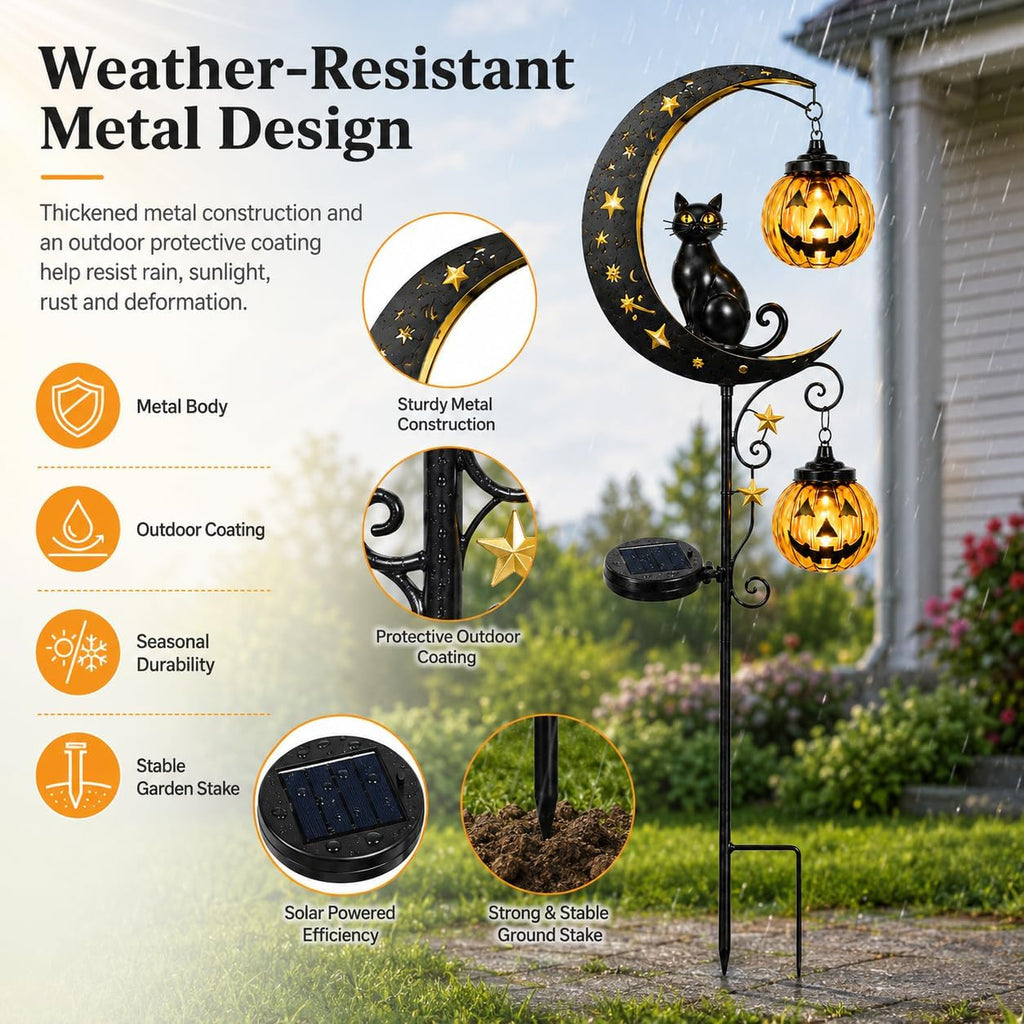 Solar Halloween Black Cat Pumpkin Moon Garden Stake Light for Outdoor Decor | Outdoor Waterproof LED Pumpkin Lights