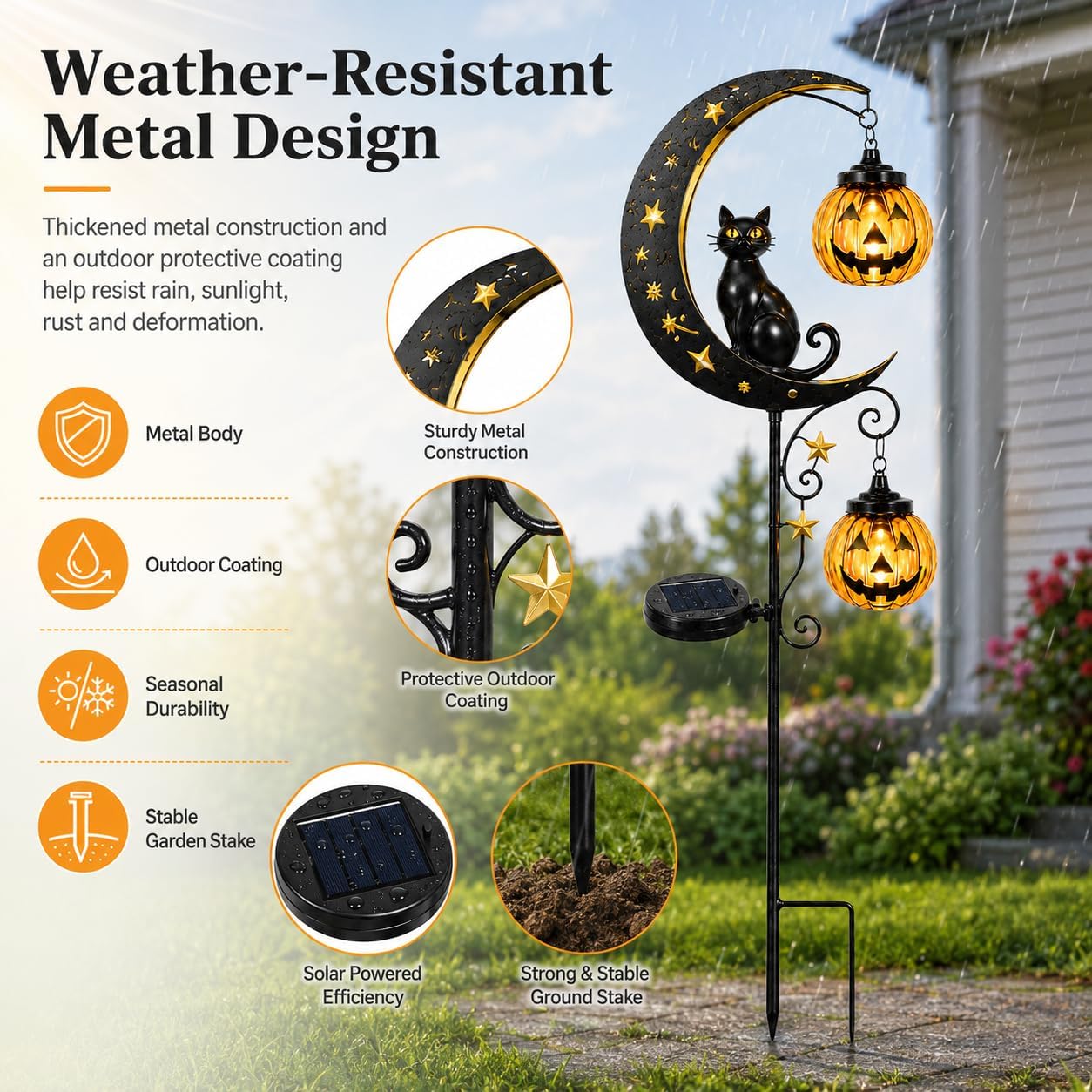Solar Halloween Black Cat Pumpkin Moon Garden Stake Light for Outdoor Decor | Outdoor Waterproof LED Pumpkin Lights