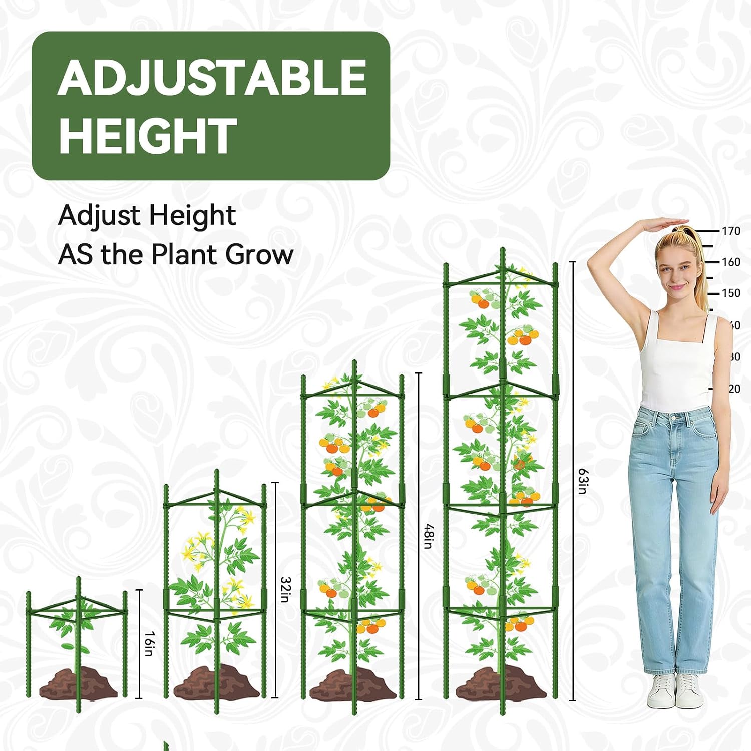 Halatool 4 Pack Tomato Cages for Garden, Up to 63 inch(5.2FT) | Adjustable Tall Garden Stakes Tomato Trellis for Pots