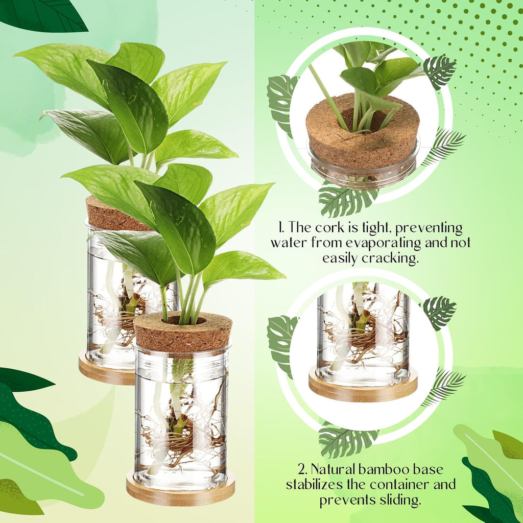 9 Packs Propagation Vases for Plants Plastic Plant Propagation Station with Hole Lid and Bamboo Stand Growing in Water