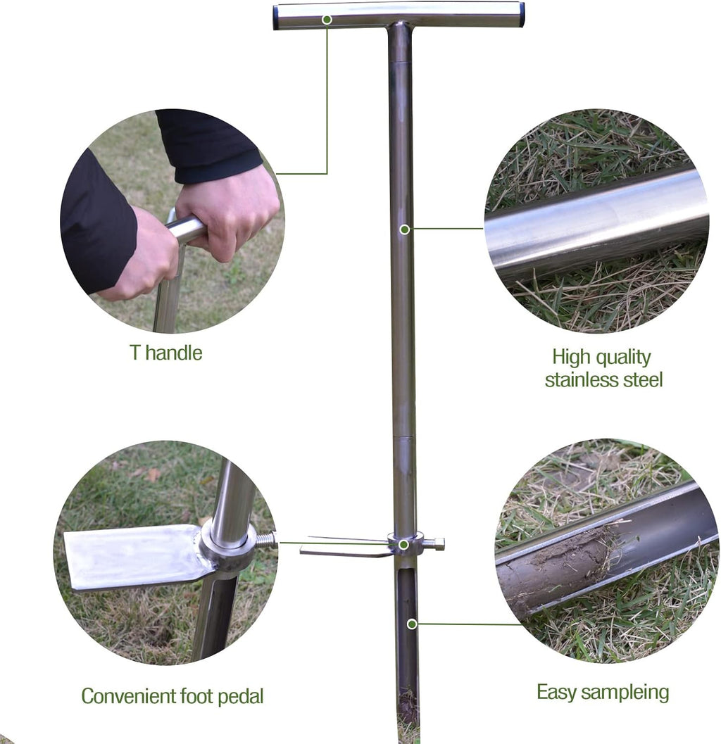 36" Soil Probe, Stainless Steel Soil Sampler Probe with Foot Pedal and Reusable Sample Bags, Soil Test Kits for Lawn