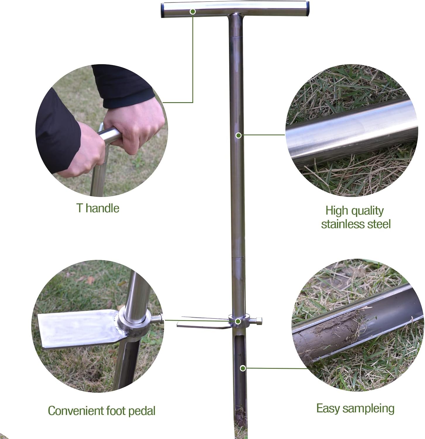 36" Soil Probe, Stainless Steel Soil Sampler Probe with Foot Pedal and Reusable Sample Bags, Soil Test Kits for Lawn