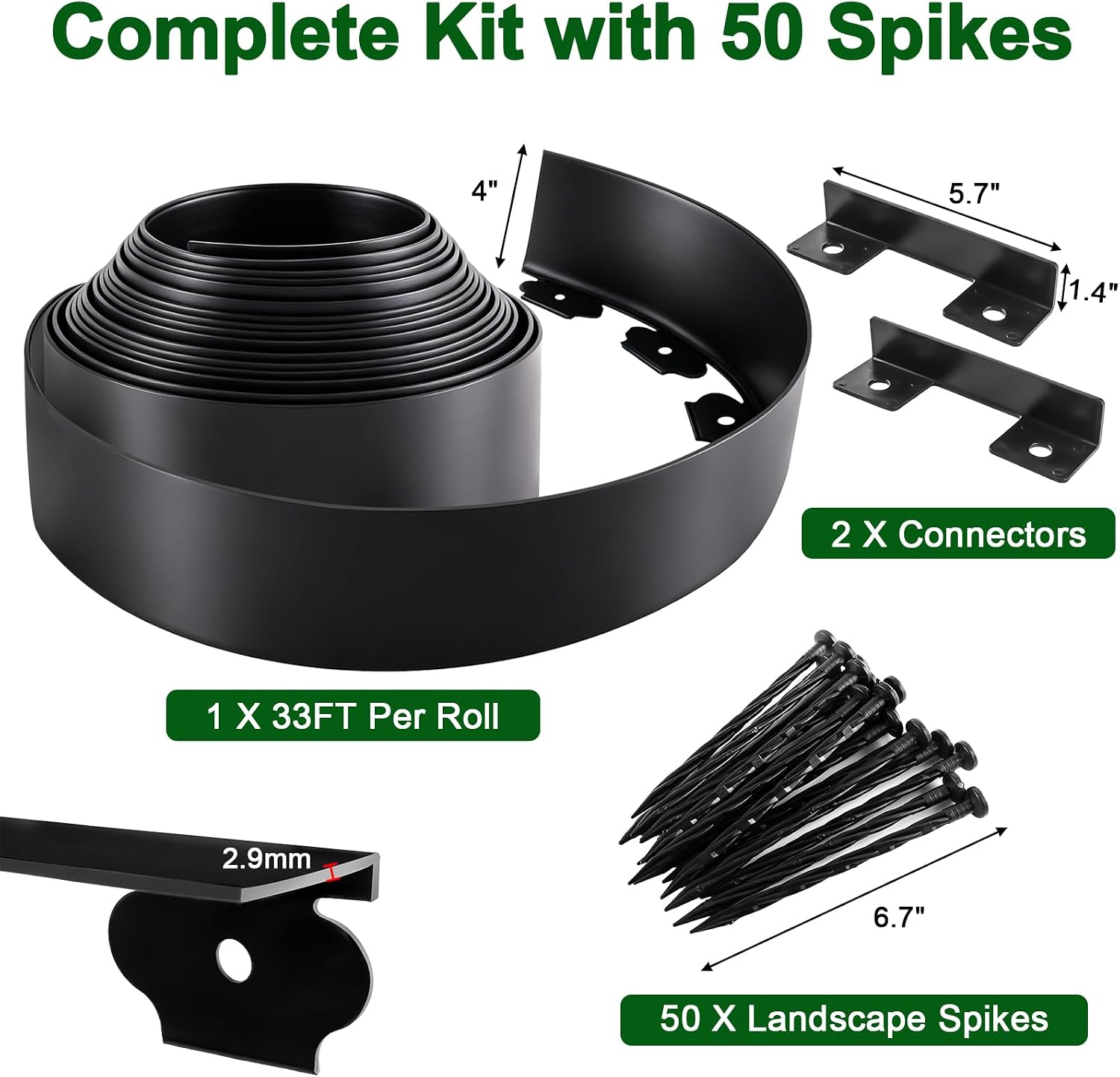 Landscape Edging Kit, 4 Inch Tall 33Ft No Dig Garden Edging Border with 50 Pcs Reinforced Spikes, Plastic Garden