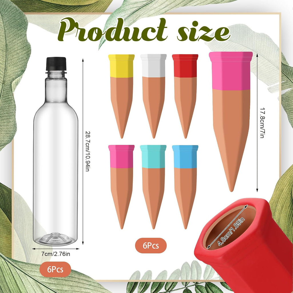 SiliFine 6 Sets Terracotta Watering Spikes,Clear and Mixed Color | 26 oz Bottles for Slow Release Watering, Self