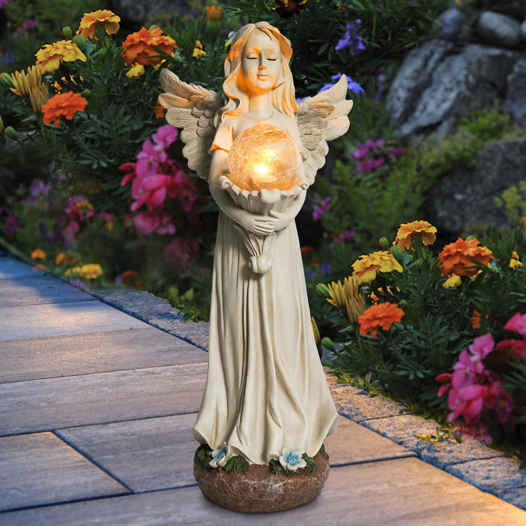 Garden Angels Outdoor Statue, Solar Angel with Crackled Glass Globe | 16.3'' Resin Angel Statue with Warm Led Lights