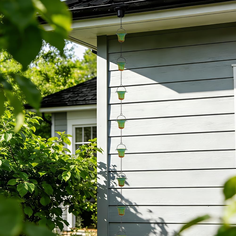 10ft Rain Chains for Outside Gutters, Eaves, Drainage | 12 Cups, Metal Rain Chain, Adjustable Length, Decorative
