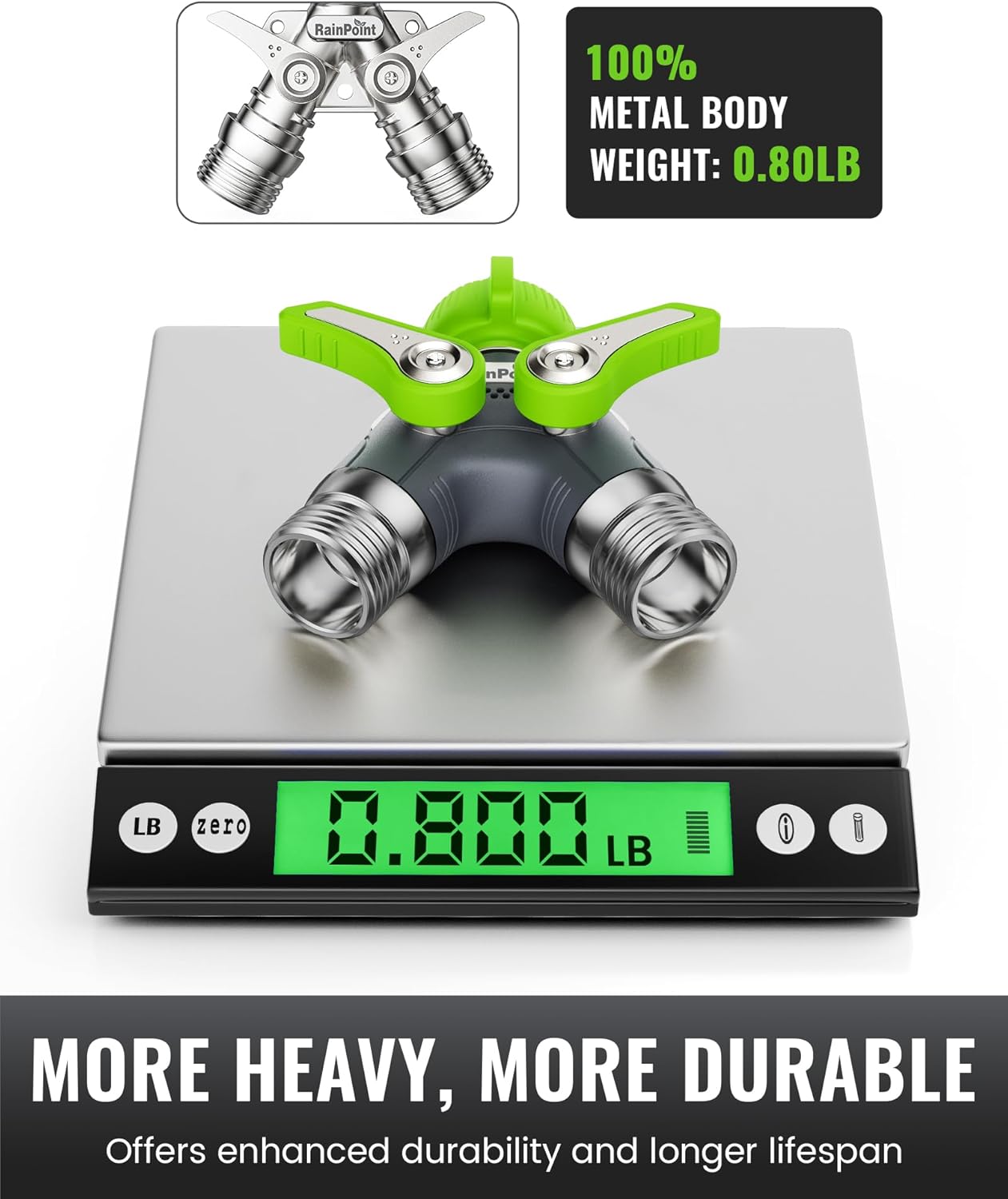 RAINPOINT 2 Way Garden Hose Splitter | Heavy Duty Water Spigot Splitter with Shutoff Valves, 100% Metal Body, 1.9"