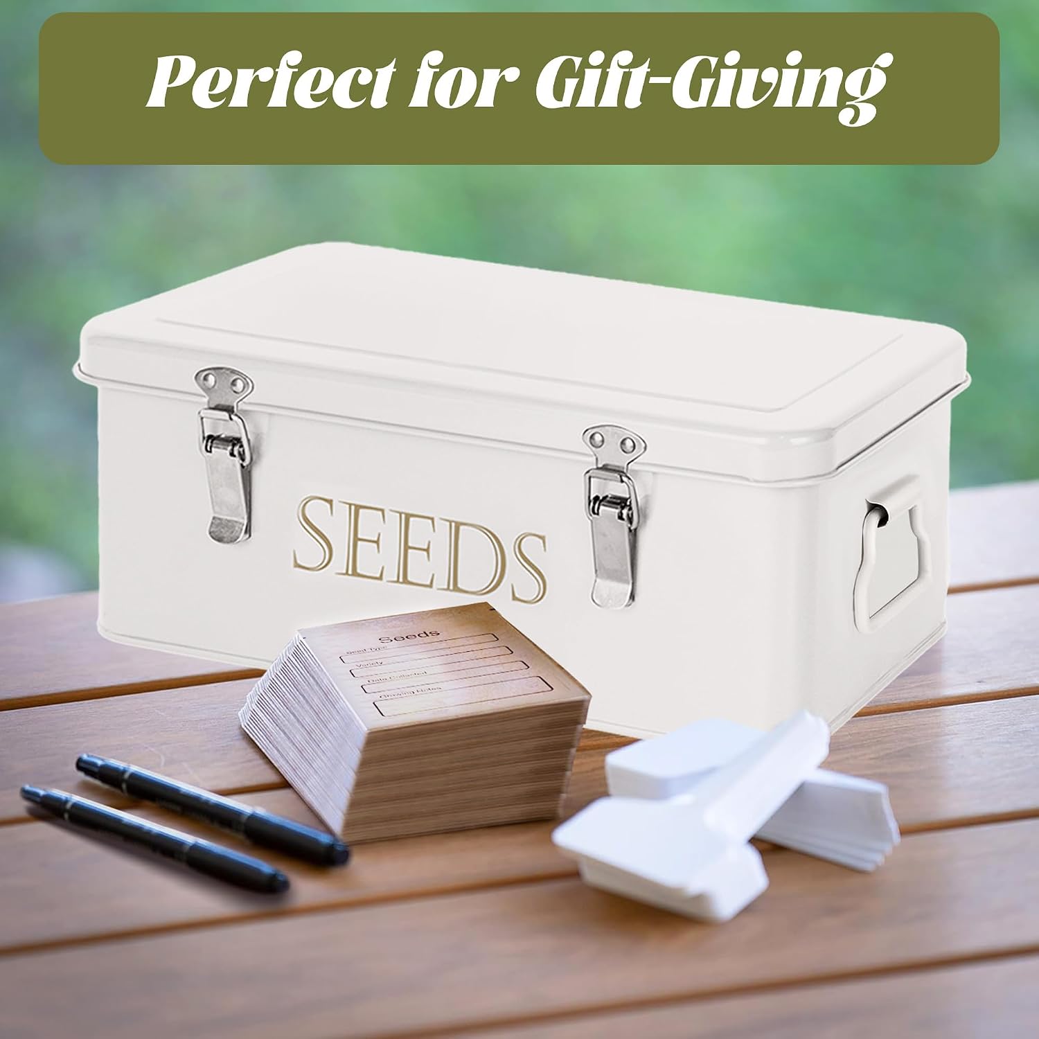 ECOPARK Seed Storage Box, Professional All-in-one Kit | with 2 Pens, 20 Plant Labels and 50 Seed Envelopes, Metal