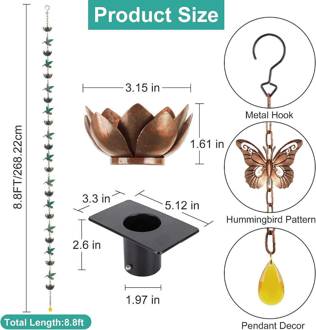 8.8ft Rain Chain for Gutters Downspouts Outside,Butterfly Rain Chain Cups with 12 Copper Chain Adjustable Lotus Rain