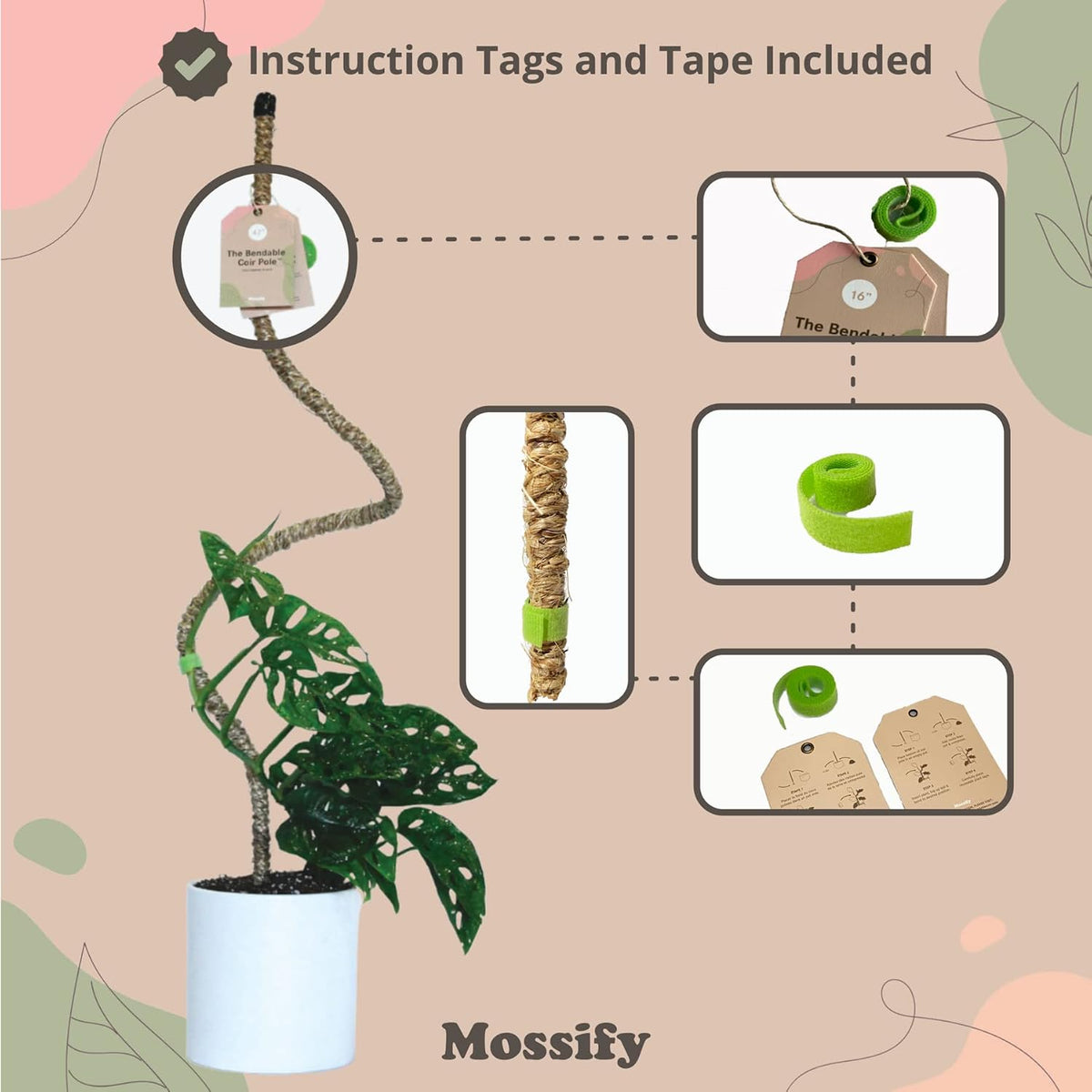 Bendable Coir Pole for Climbing Plants, Sturdy, 30 in | Shapeable Steel Core Wrapped in Natural Manila, Monstera