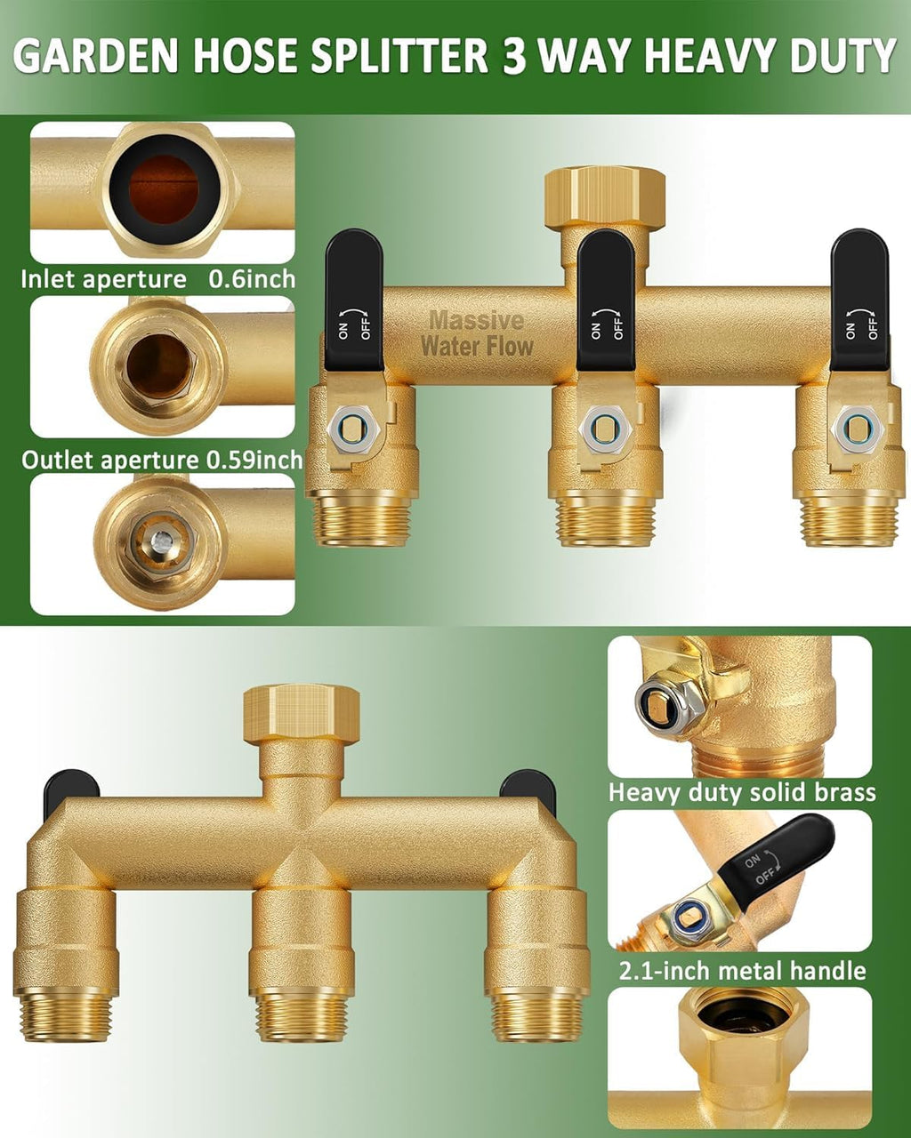 3 Way Hose Splitter, Heavy Duty Full Flow Garden Water Hose Bib Spigot Splitter, Brass Rust and Freeze Resistant
