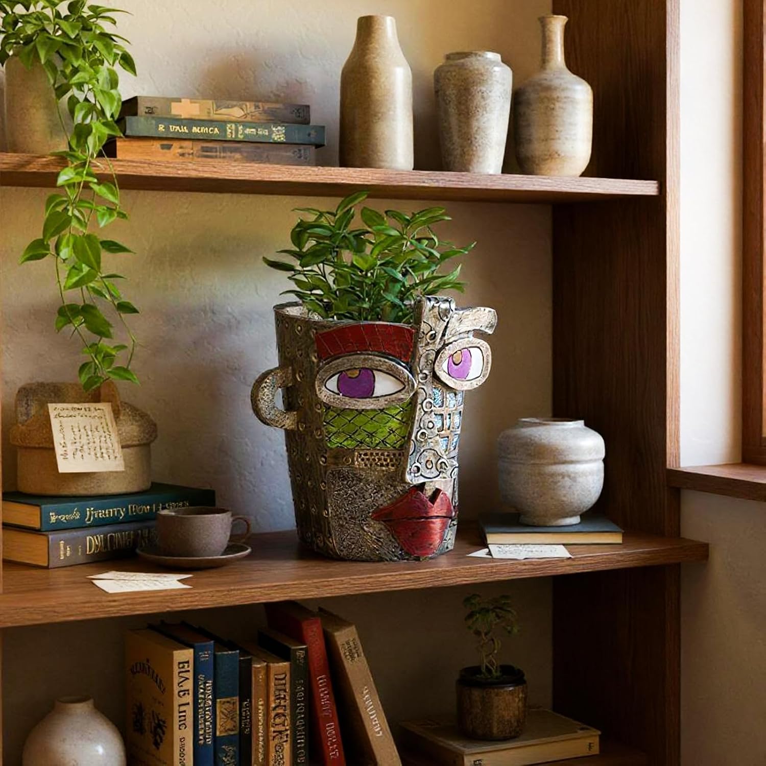 LemonRoad 2 Pcs Abstract Picasso Face Pots Head, Mexican Flower Pots with Drainage, Unique Decorative Head Plant for