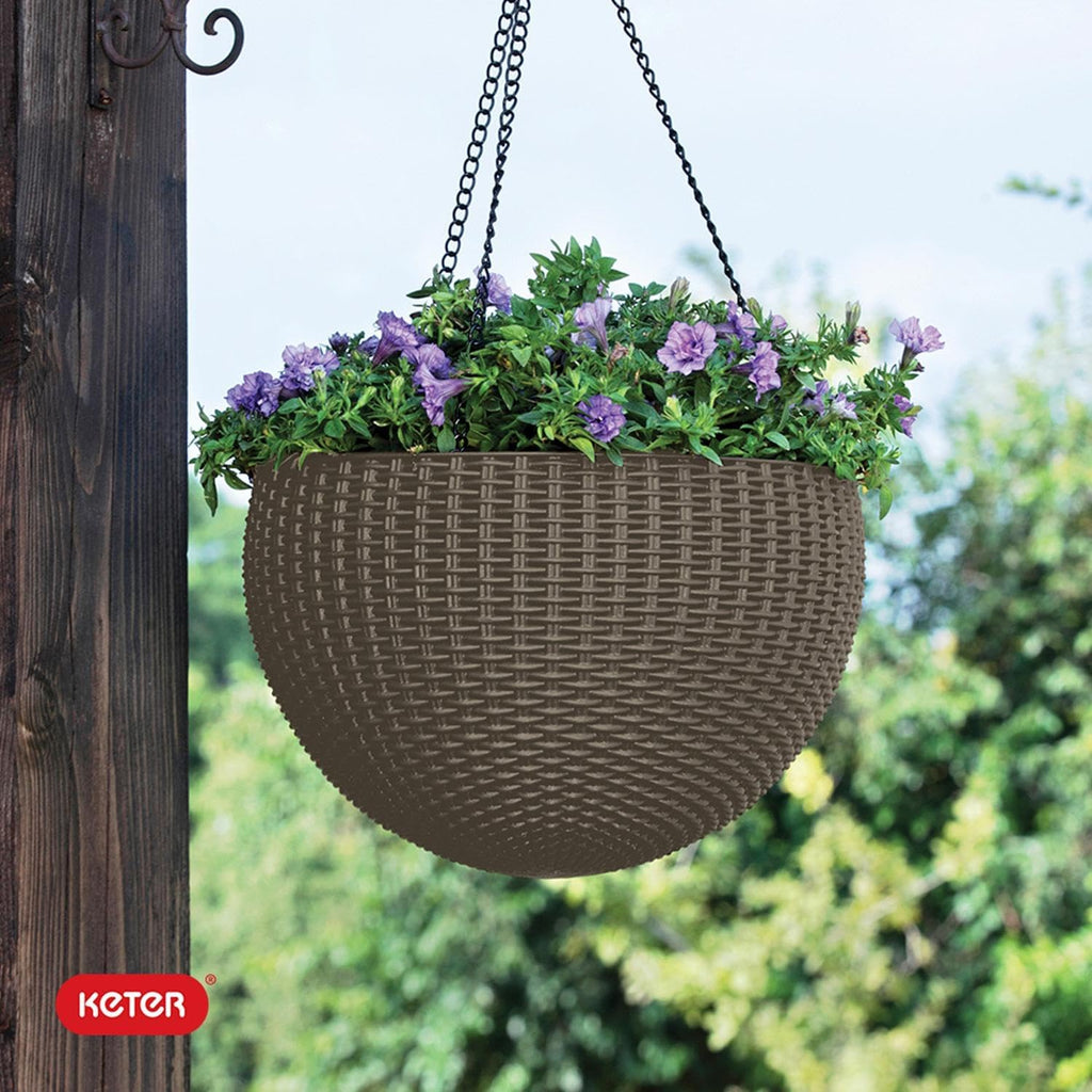 Keter Resin Rattan Set of 2 Round Hanging Planter Baskets for Indoor and Outdoor Plants-Perfect for Porches and Patio