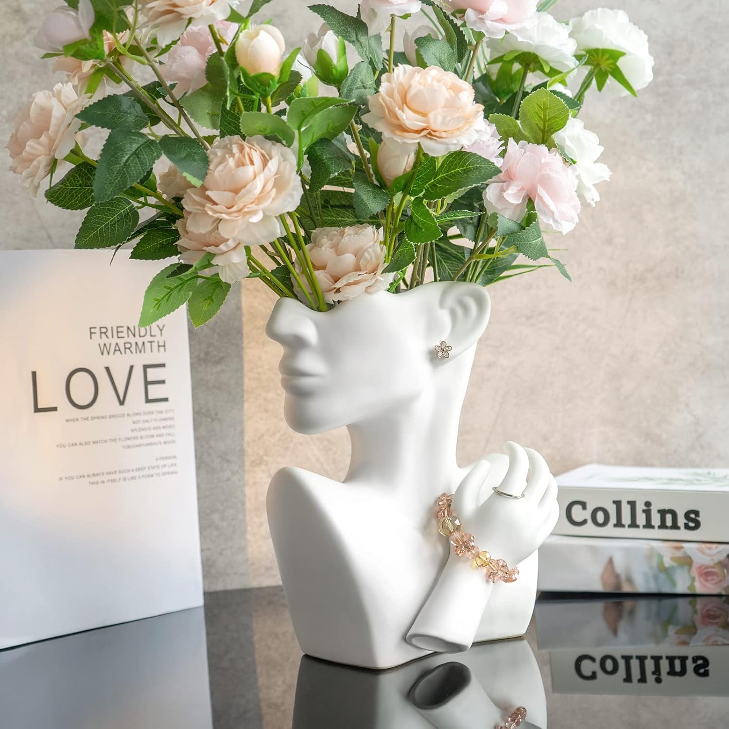 GDYOOSHOW Face Vases for Flowers Bust Planter Ceramic Head Vase Display Jewelry Rack White 9.84 Inches High Suitable