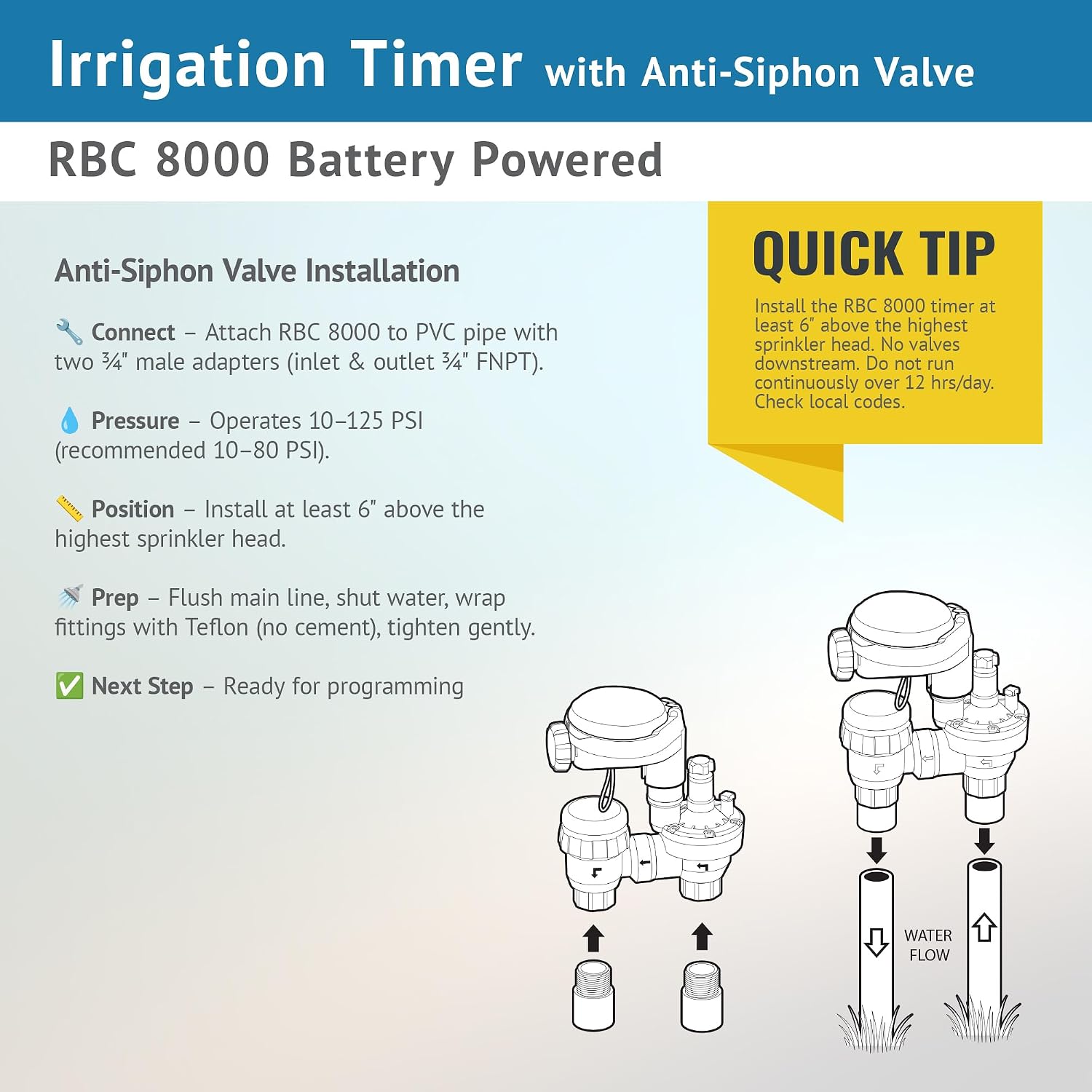 DIG RBC 8000 Battery Powered Irrigation Automatic Controller with 3/4" Anti-Siphon Valve - Advanced, Safe, and