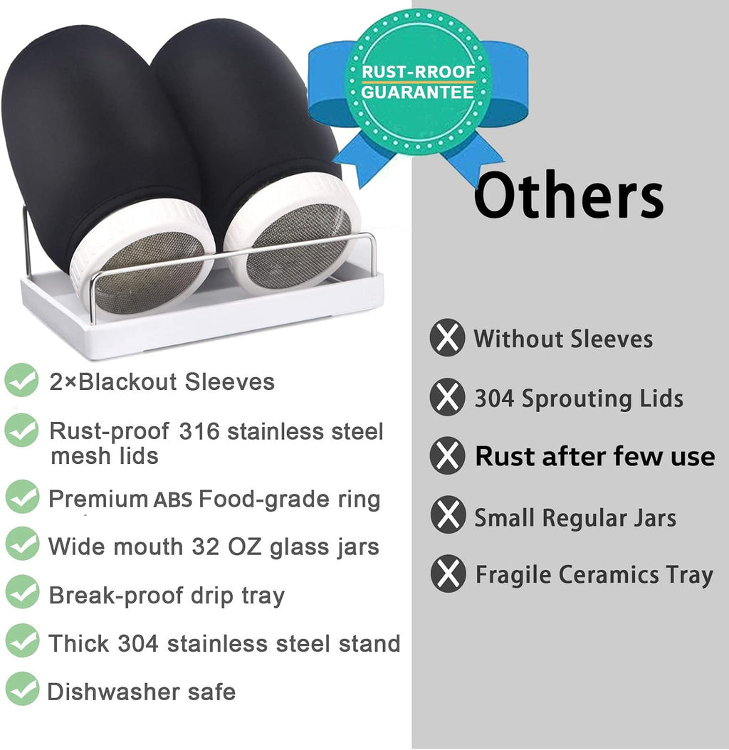 Complete Sprouting Jar Kit| 2 Wide Mouth Mason Jars, 316 Screen Sprout Lids, Blackout Sleeves, Tray, Stand| Sprouter