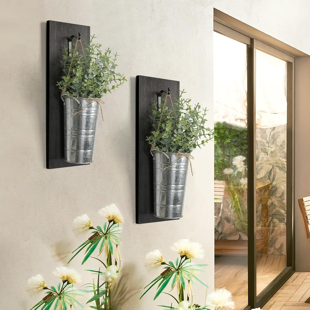 SHOHAYTO Farmhouse Wall Decor Set of 2 - Wood Hanging Planters with Artificial Eucalyptus, Rustic Vertical Pocket Vases