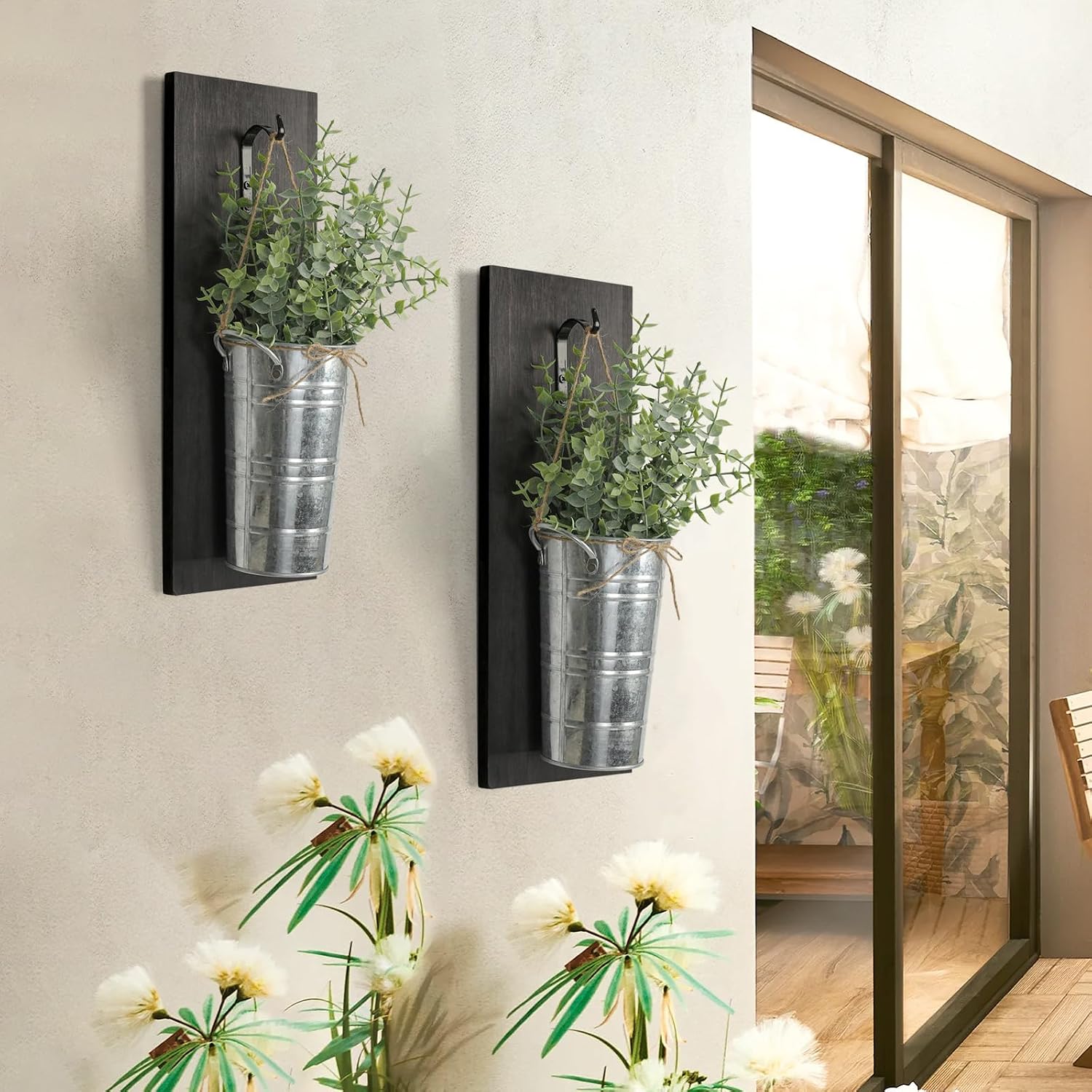SHOHAYTO Farmhouse Wall Decor Set of 2 - Wood Hanging Planters with Artificial Eucalyptus, Rustic Vertical Pocket Vases
