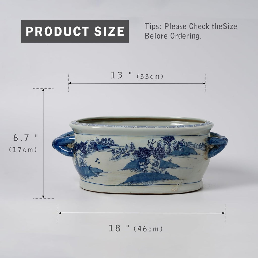 JINDEZHEN Vintage Blue and White Flower & Birds Porcelain Footbath Planter Chinoiserie Scenery Motif Ceramic Flower Pot