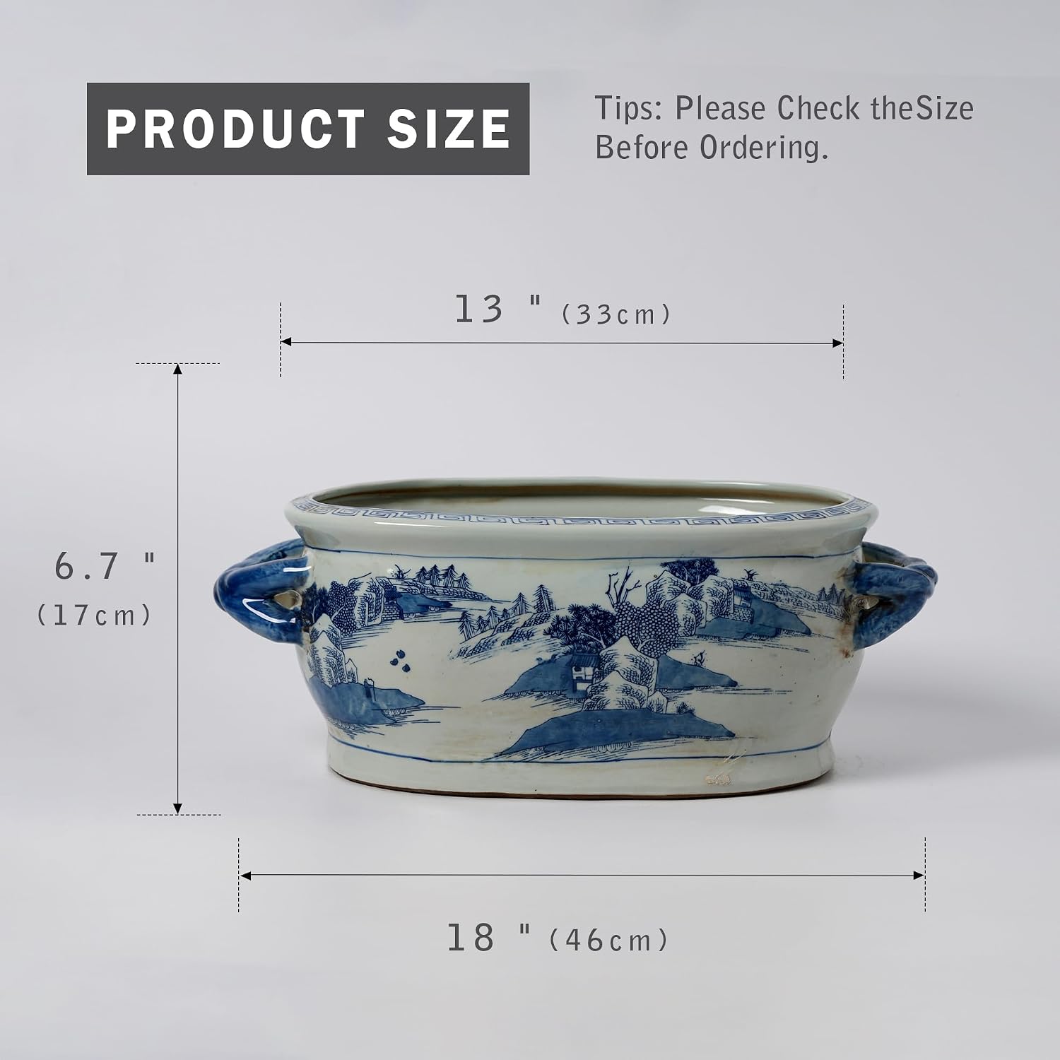 JINDEZHEN Vintage Blue and White Flower & Birds Porcelain Footbath Planter Chinoiserie Scenery Motif Ceramic Flower Pot