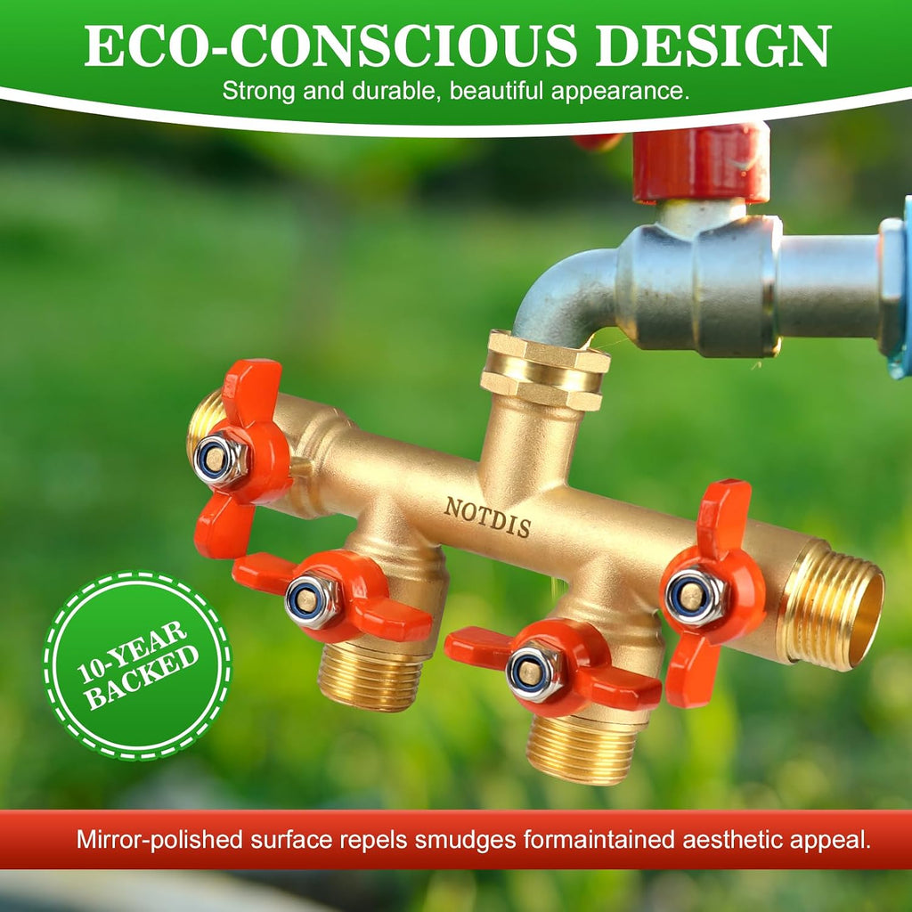 4 Way Brass Hose Splitter Full Flow with Metal Handle - Heavy Duty Spigot Splitter with Shut Off Valve, 3/4" GHT Garden