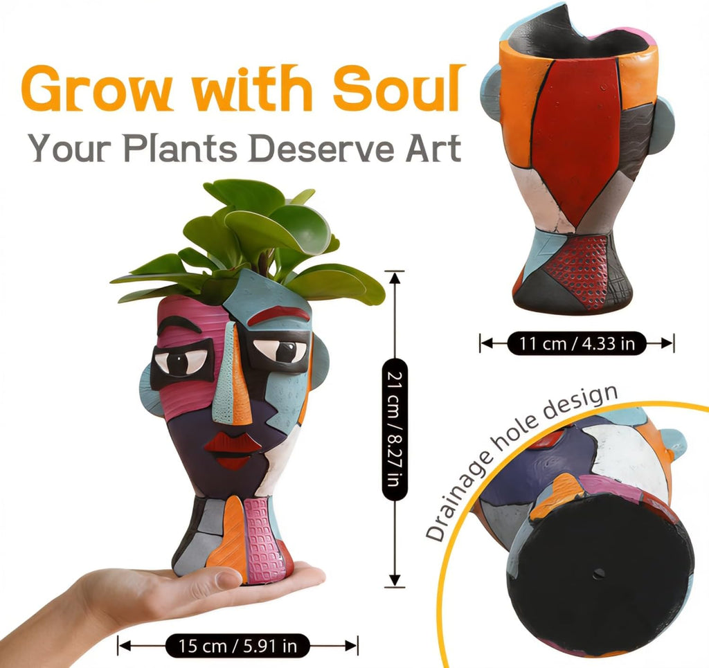Face Planter Pot 8.2 Inch Height with Drainage | Abstract Picasso Head Vase for Decorative Plant | Eclectic Flower Pots