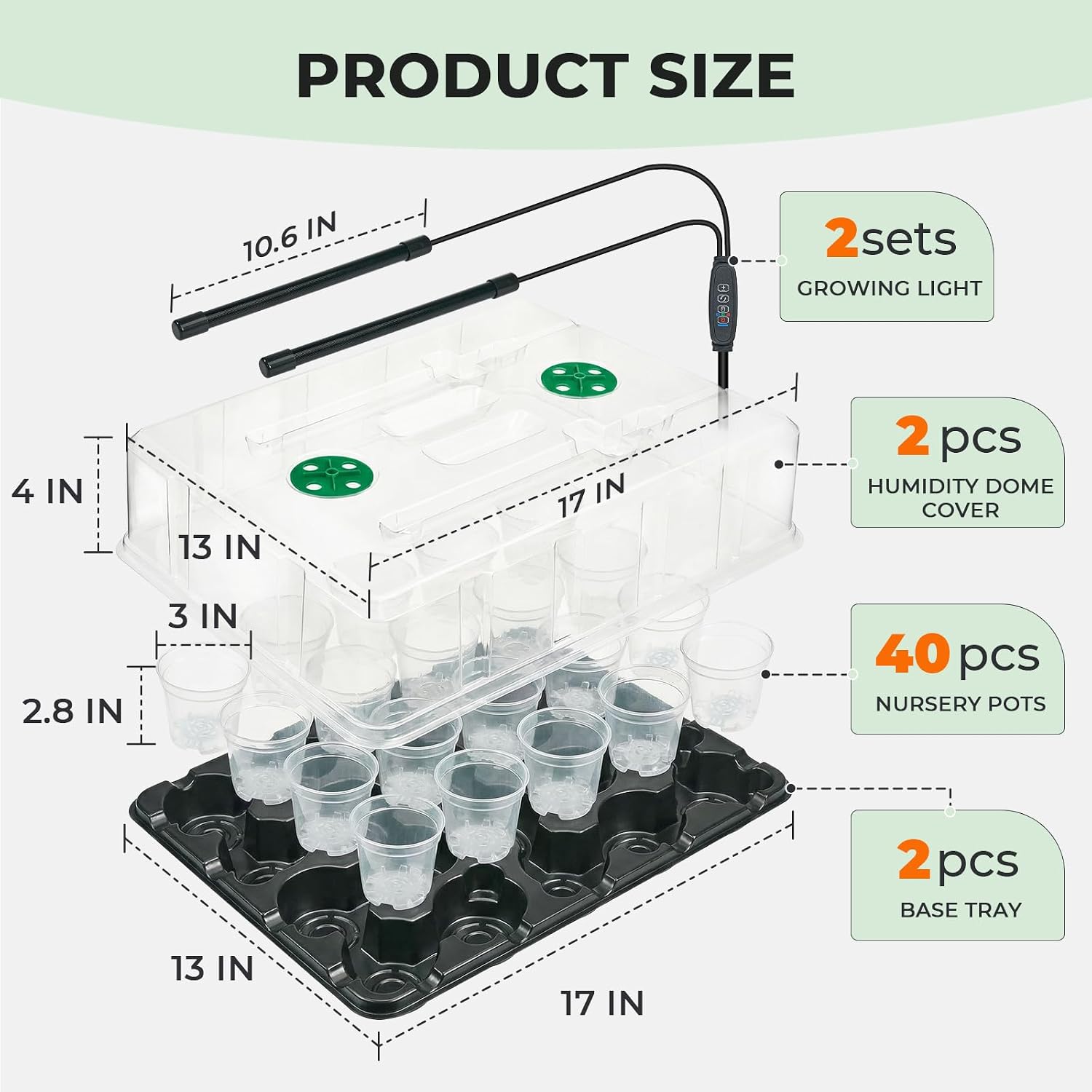 2 Pack Seed Starter Trays with Grow Lights and 40 3 Inch Pots | Includes 2 humidity domes and 40 clear 3-inch drainage