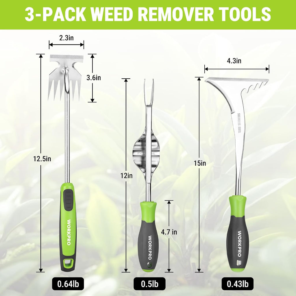 WORKPRO 3-Piece Weed Puller Tool Set | 15" 6-Tine Weed Remover, 12" Hand Weeder, 12.5" Crack Weeder, Stainless Steel