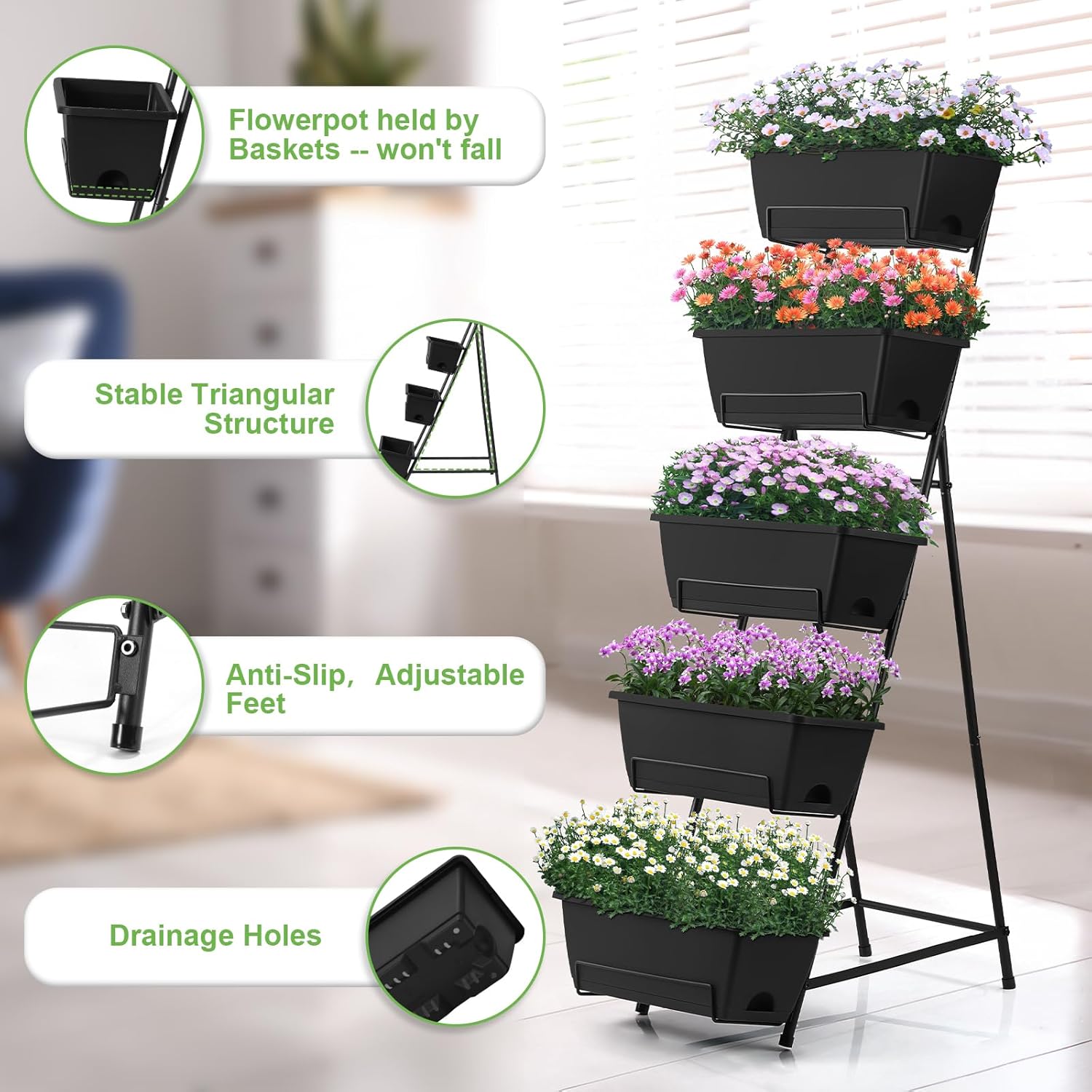 5 Tier Vertical Raised Garden Bed Planter Box, Vertical Raised Bed with Drainage Holes for Indoor Outdoor Herbs Flowers