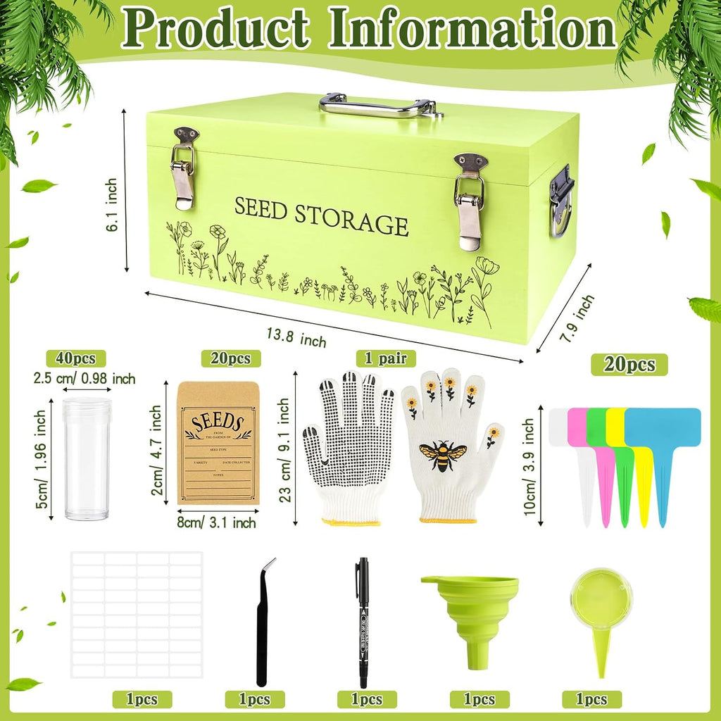 Fayoo Wooden Seed Storage Organizer Box with 40 Seed Vials & 20 Envelopes, Rustic Seed Saving Kit for Vegetable, Flower