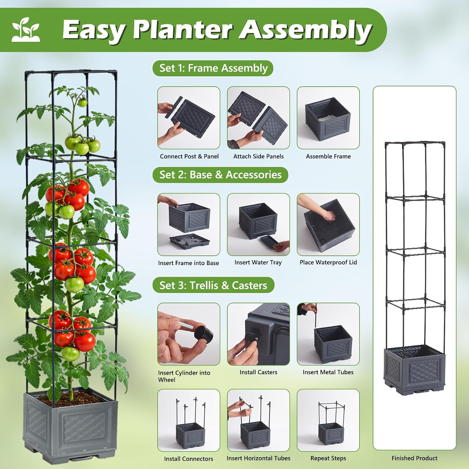 55 Inch Raised Garden Bed with Trellis, Self-Watering Tomato Planter Box with Hidden Rolling Wheels, Vertical Plant