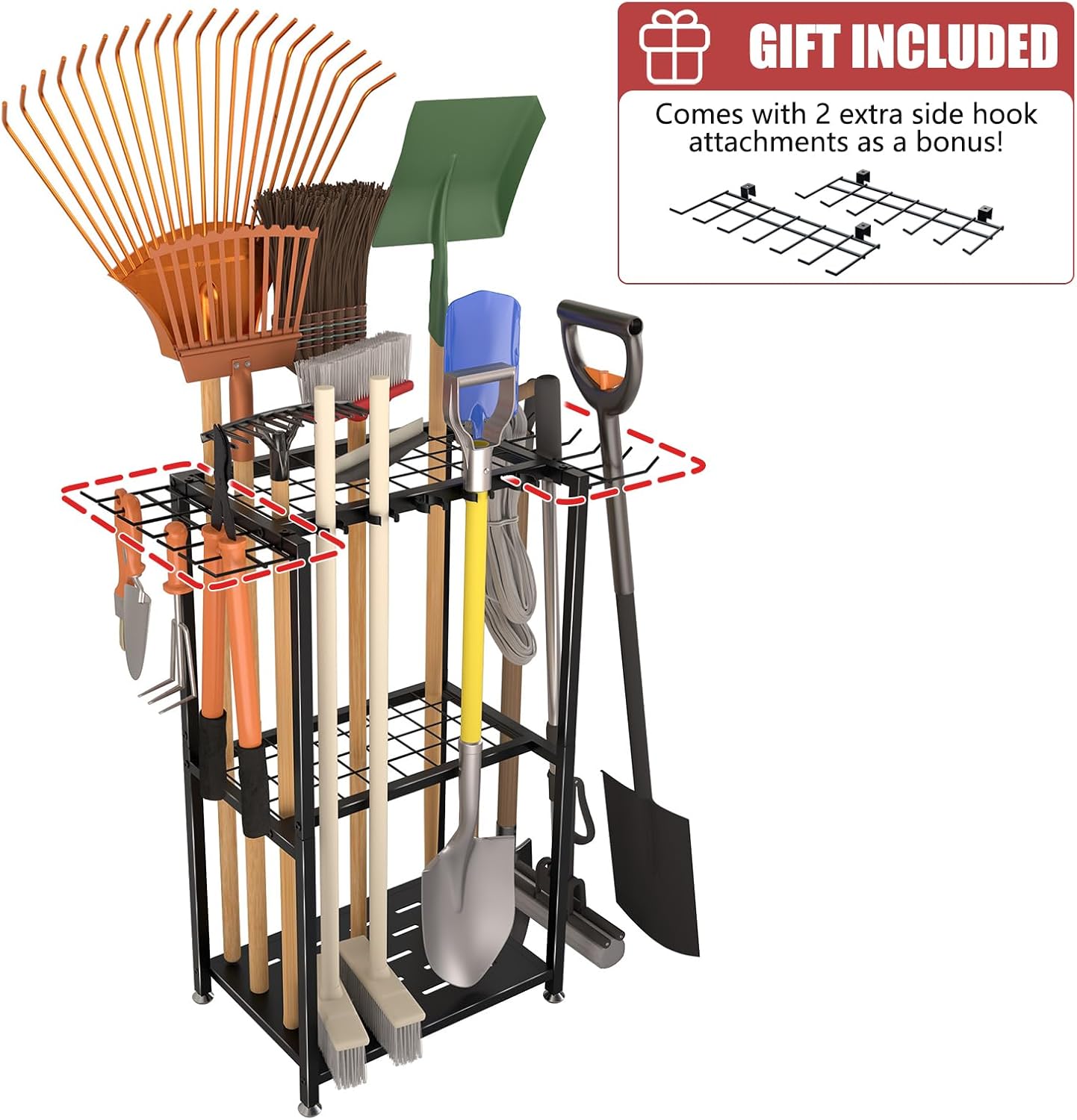 Faesun Garden Tool Organizer, 3-Tier Metal Yard Tool Rack with 14 Hooks & 5 Slots, Holds 50+ Rakes/Shovels/Brooms