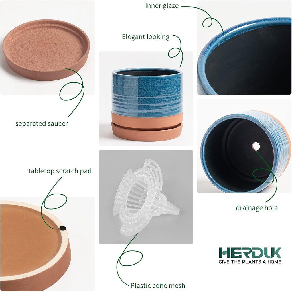 HERDUK 6 Inch Plant Pots, Ceramic Planter Pot with Drainage Hole & Saucer, Indoor/Outdoor Cylinder Round Planter Pot