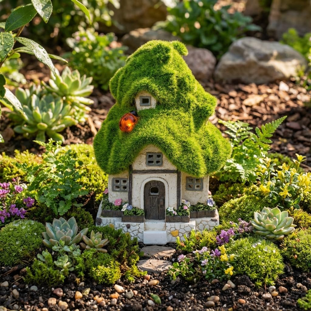 TERESA'S COLLECTIONS Flocked Garden Statue and Figurine Fairy House with Solar Outdoor Lights, Resin Garden Decor