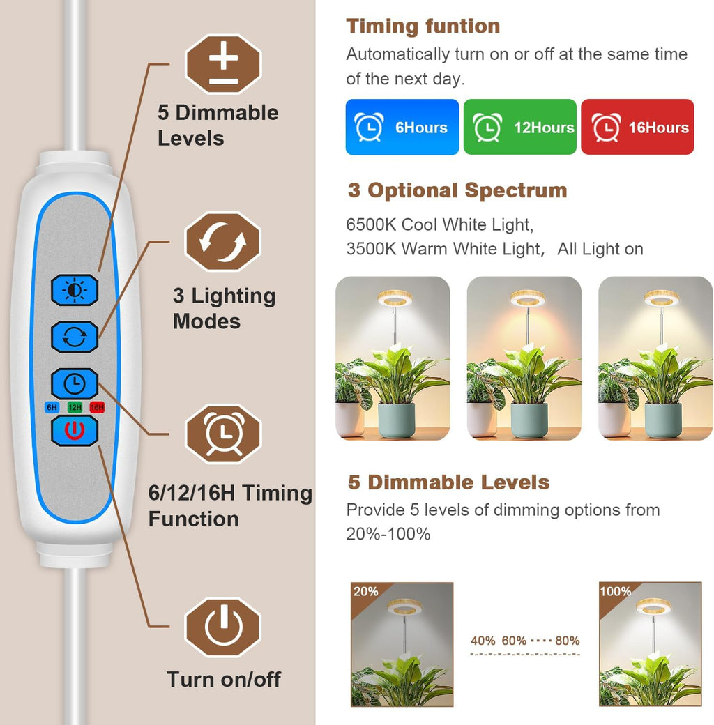 Aokrean Grow Light, Full Spectrum Plant Lights for Indoor Growing with Base | 48 LEDs Halo Grow Lamp for Small Plants