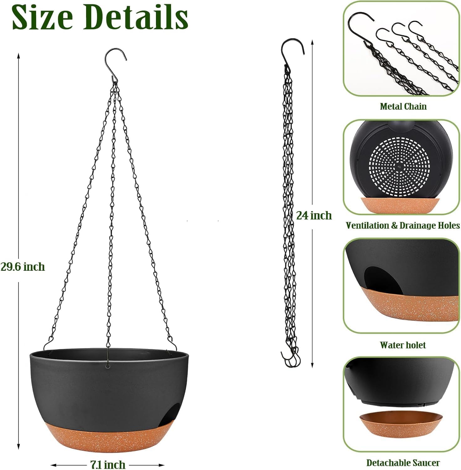 12 Inch Self Watering Hanging Planters with Removable Reservoir, 2 Pack | Drainage Holes, Metal Chain, for