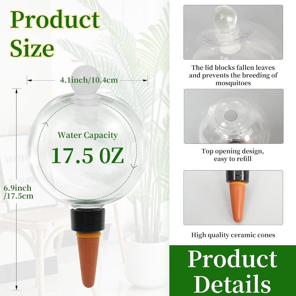 6pcs Plant Self Watering Globes with Covers, Plastic Water Bulbs Top Fill, Plant Watering Devices System Slow Release
