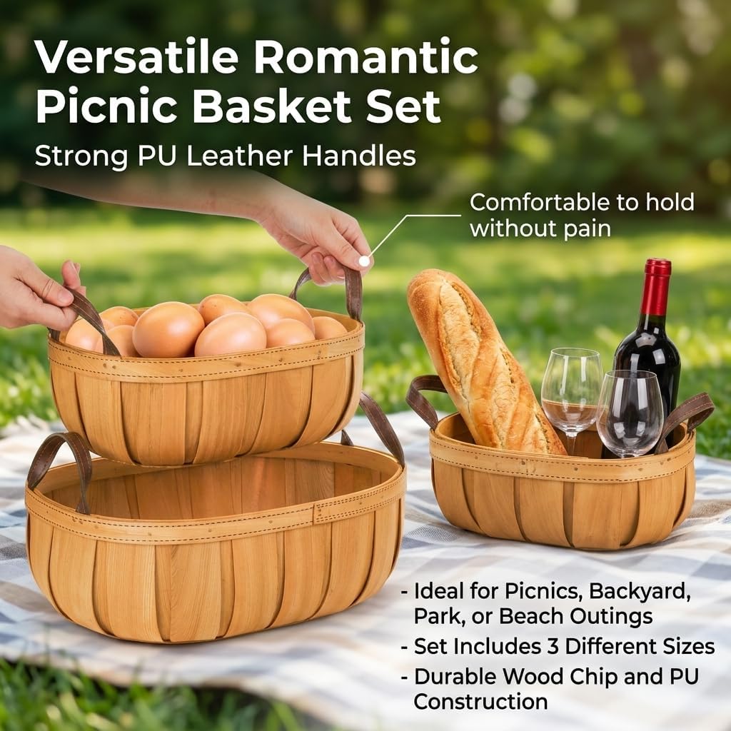Goaste 3 Pack Wooden Bread Baskets, Wood Chip Picnic Basket with Handles, Handmade Woven Harvest Basket Holder, Rustic