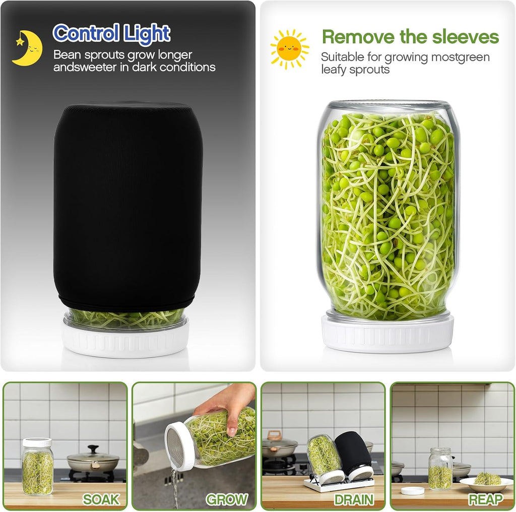 LemonRoad 18 Pcs Seed Sprouting Kit with 1000 ml Mason Jars and Blackout Sleeve, Separate Bracket 316 Stainless Steel