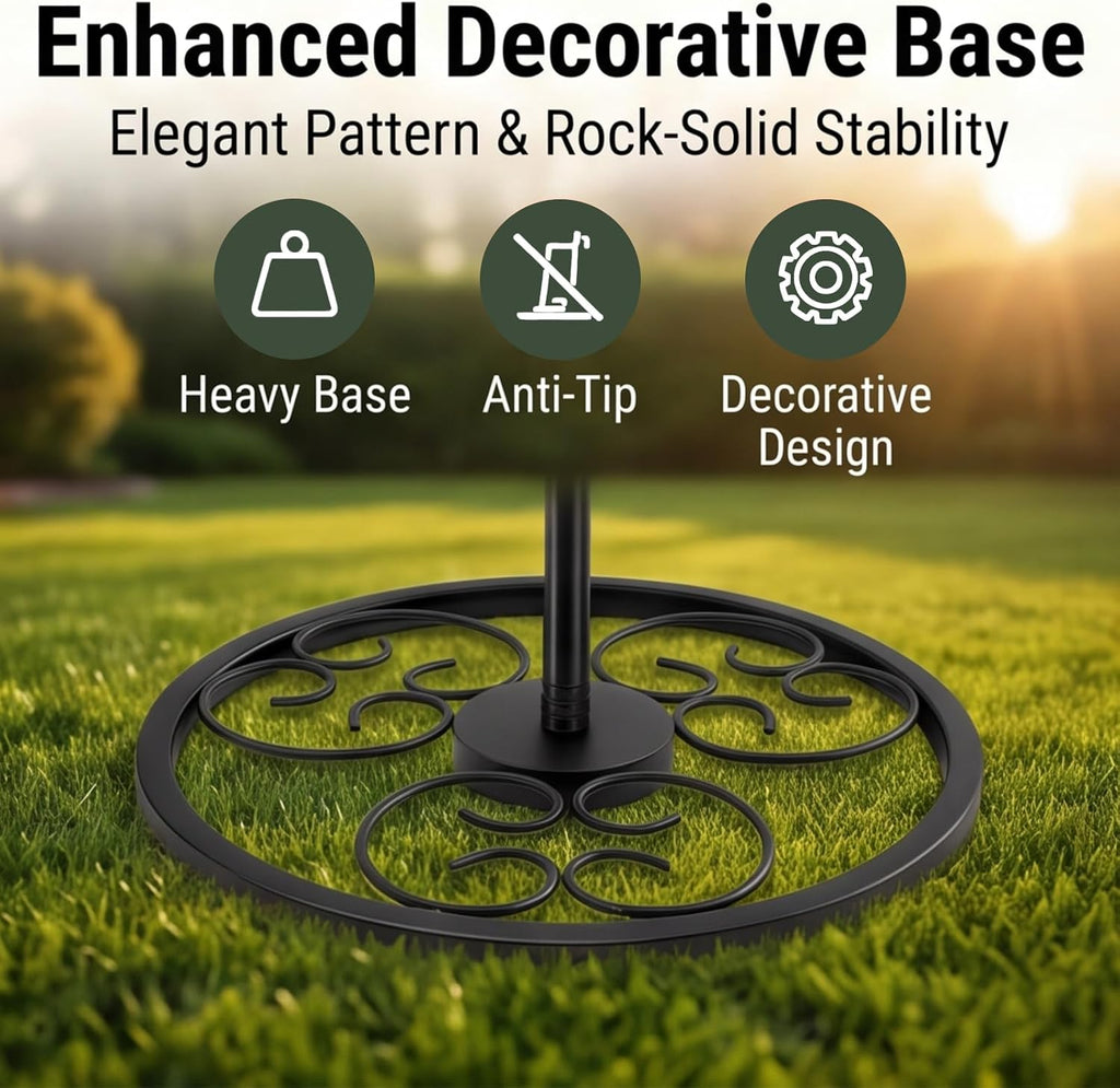 53" Heavy Duty Garden Flag Stand & Shepherds Hook, Scrollwork Anti-Tip Base | All-Weather Rustproof Coating Tool-Free