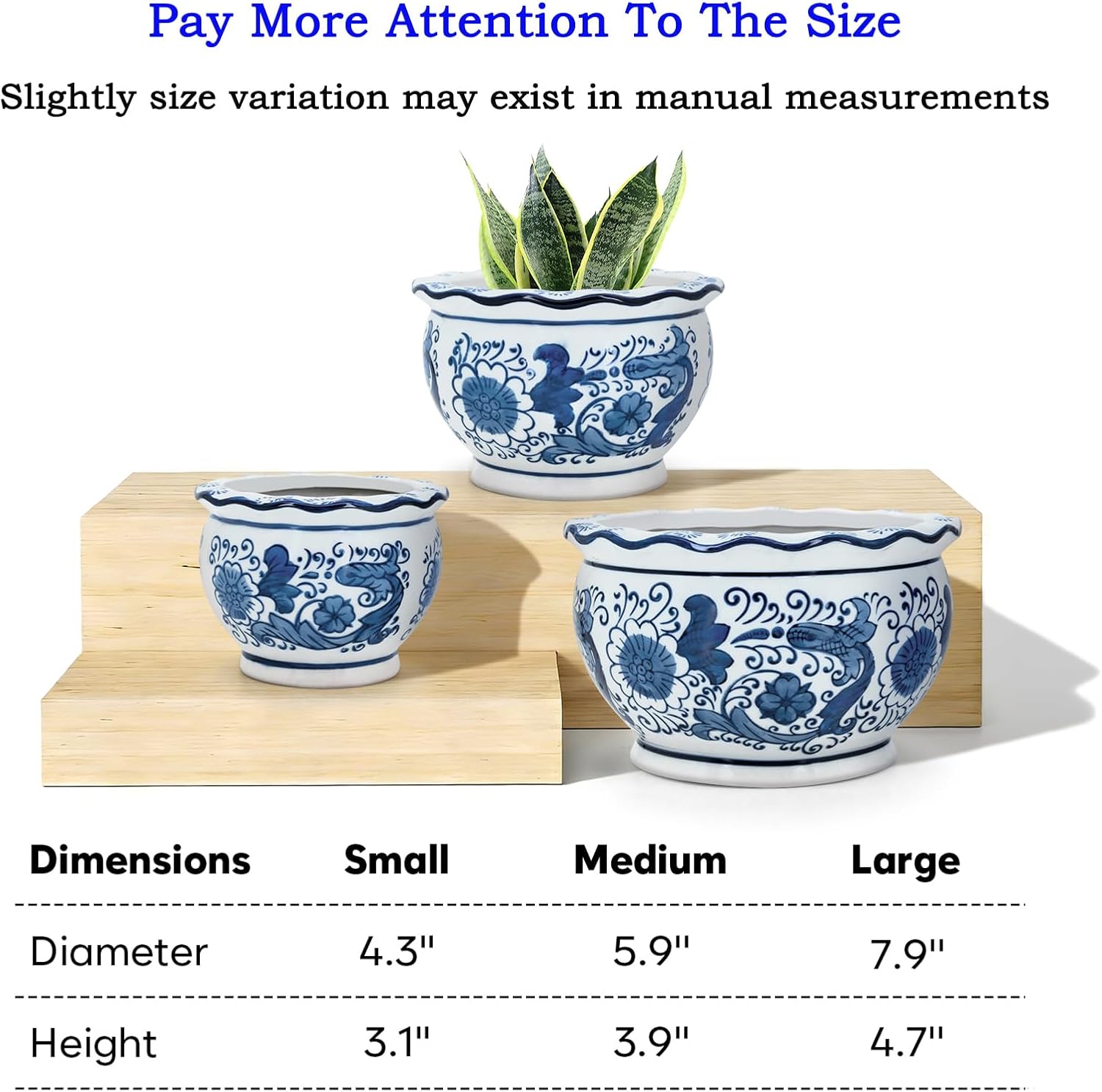 HakkaGirl Blue and White Planters, Succulent Pots Ceramic Plant Pots Indoor with Drainage for Home Décor - Set of 3